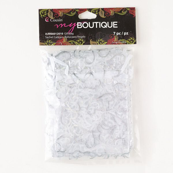 Pouch, organza, silver and white, 3x2-3/4 inch rectangle with heart pattern. Sold per pkg of 7. image number 0