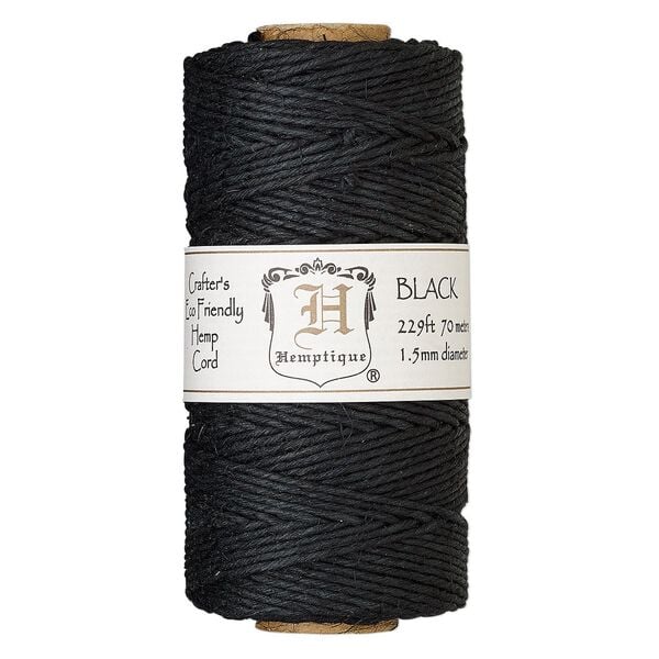 Cord, Hemptique®, polished hemp, black, 1.5mm diameter, 45-pound test. Sold per 229-foot spool. image number 0