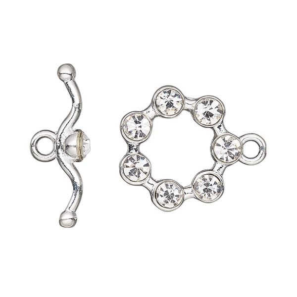 Clasp, toggle, glass rhinestone and silver-finished "pewter" (zinc-based alloy), clear, 19mm round. Sold individually. image number 0