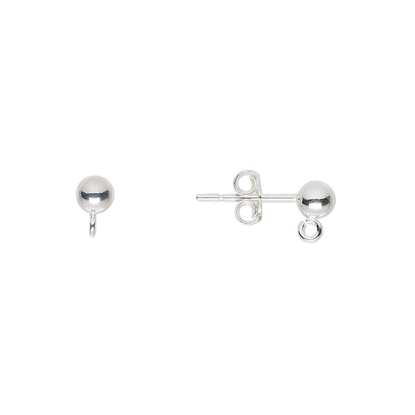 Earstud, sterling silver, 4mm ball with open loop. Sold per pkg of 5 pairs. image number 0