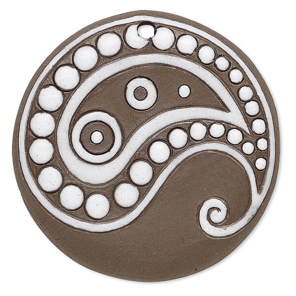 Focal, ceramic, brown and white, 45mm single-sided round with paisley design, 2.5mm hole. Sold individually. image number 0