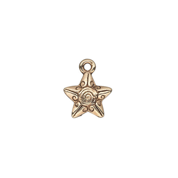 Charm, antique gold-finished "pewter" (zinc-based alloy), 12x11mm single-sided fancy star with swirl and line design. Sold per pkg of 20. image number 0
