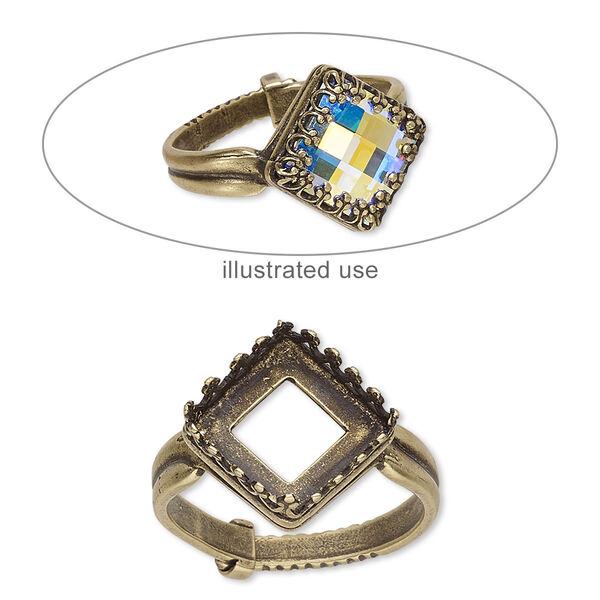 Ring, JBB Findings, antiqued brass, 15.5mm wide with decorative trim and 10x10mm square bezel setting, adjustable from size 6-9. Sold individually. image number 0