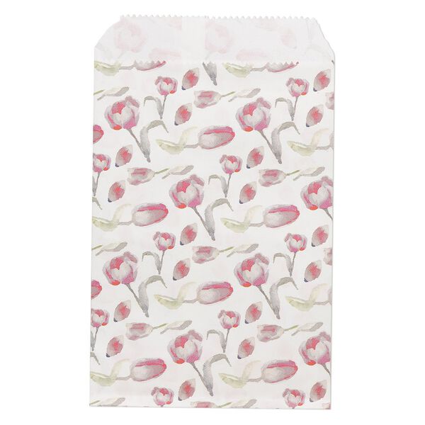 Bag, paper, pink / green / white, 6x4 inches with tulip design and scalloped top edge. Sold per pkg of 100. image number 0