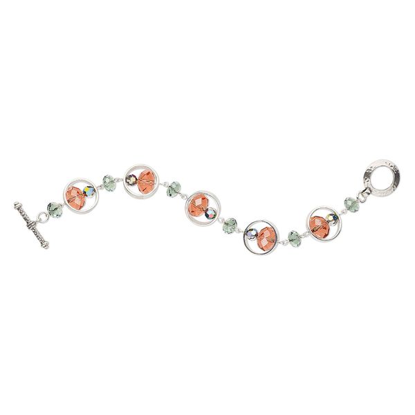 Bracelet, One of a Kind Jewelry, crystal, padparadscha / green / crystal vitrail, 6-1/2 inches. Only one available. image number 0