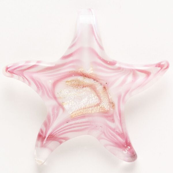 Focal, lampworked glass, pkg/1, translucent pink and white with silver-colored foil and copper-colored glitter, 50x49mm-54x53mm starfish. image number 0