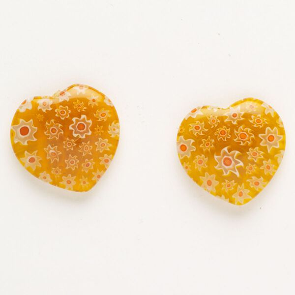Bead, millefiori glass, translucent orange / red / multicolored, 23-26mm half-drilled puffed heart. Sold per pkg of 2. image number 0
