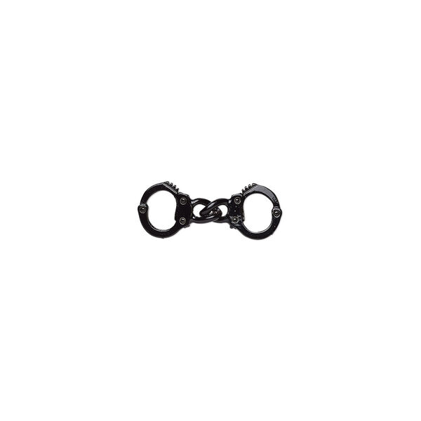 Link, enamel and pewter (tin-based alloy), black, 31.5x12mm 3D handcuff. Sold individually. image number 0