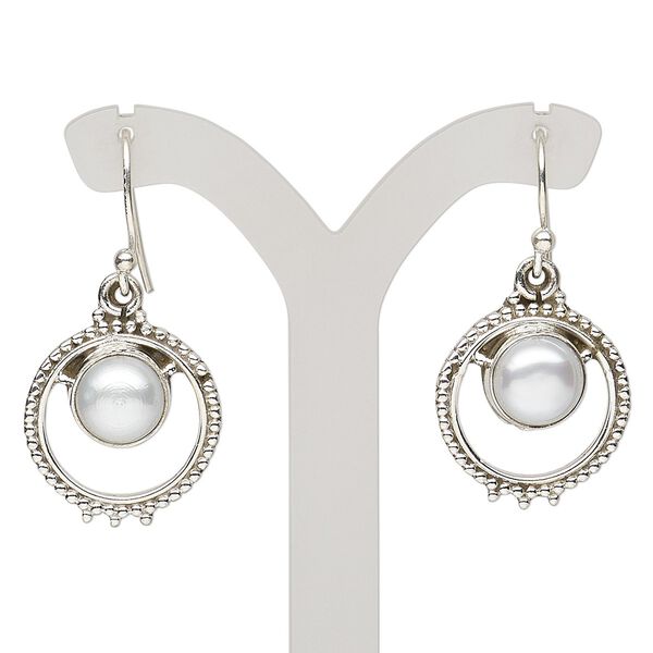 Earring, cultured freshwater pearl (bleached) and antiqued sterling silver, 34mm with beaded open round and fishhook ear wire, 21 gauge. Sold per pair. image number 0