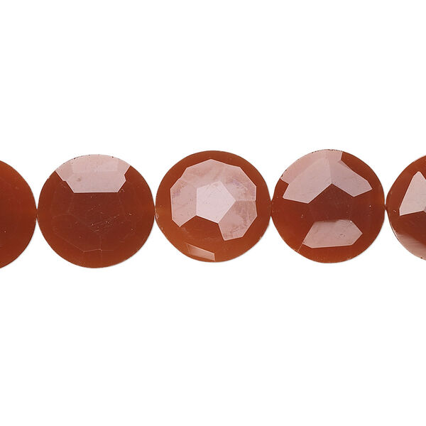 Bead, carnelian (dyed / heated), 12mm hand-cut faceted flat round, B+ grade, Mohs hardness 6-1/2 to 7. Sold per pkg of 5. image number 0
