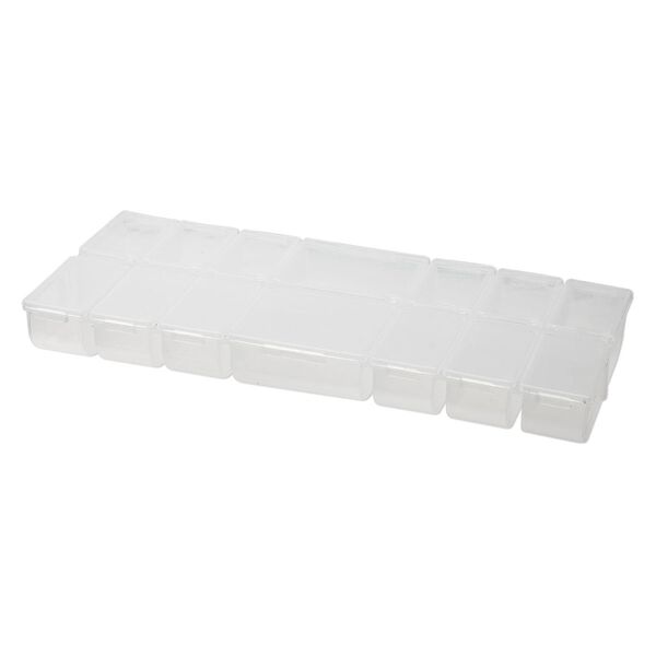 Organizer, plastic, clear, 9-1/2 x 1 x 4-1/4 inch rectangle with 14 fixed compartments with individual snap lids. Sold individually. image number 1