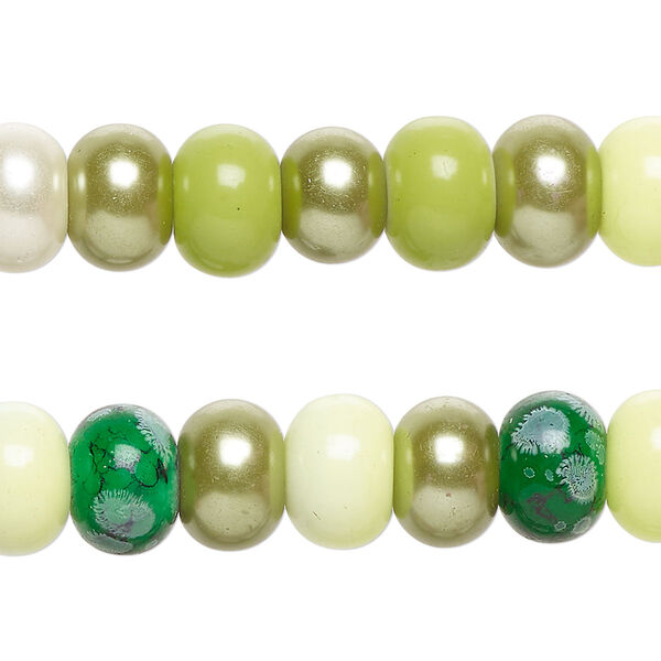 Bead, glass, opaque green, 10x7mm rondelle. Sold per pkg of (2) 7-inch strands, approximately 55 beads. image number 0