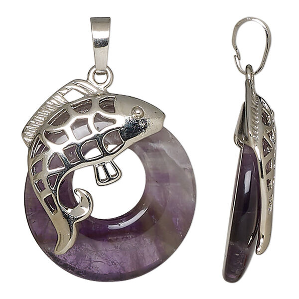 Amethyst / brass 1pkg1, imitation rhodium-plated fancy go-go / fish pendant natural 32x28mm-34.5x28.5mm image number 0