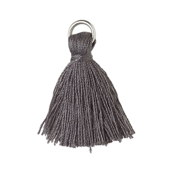 Tassel, cotton and imitation rhodium-finished steel, dark grey, 20-24mm mini tassel with 6mm open jump ring. Sold per pkg of 6. image number 0