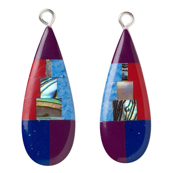 Drop, paua shelll (assembled) / resin / silver-finished copper, multicolored, 28x11mm single-sided right- and left-facing flat teardrop. Sold per pkg of 2. image number 0