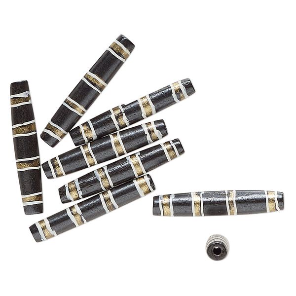 Bead, bone (dyed), black / white / gold, 36x7mm-35x6mm hand-painted tube with line design. Sold per pkg of 8. image number 0
