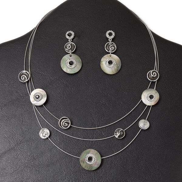 Necklace and earring set, 3-strand, antique silver-plated "pewter" (zinc-based alloy) and steel / glass rhinestone / enamel / black lip shell (natural), open flat round, 15" to 16" necklace with lobster claw clasp and 3-inch extender chain, 1-3/4 inch earring with post. Sold per set. image number 0