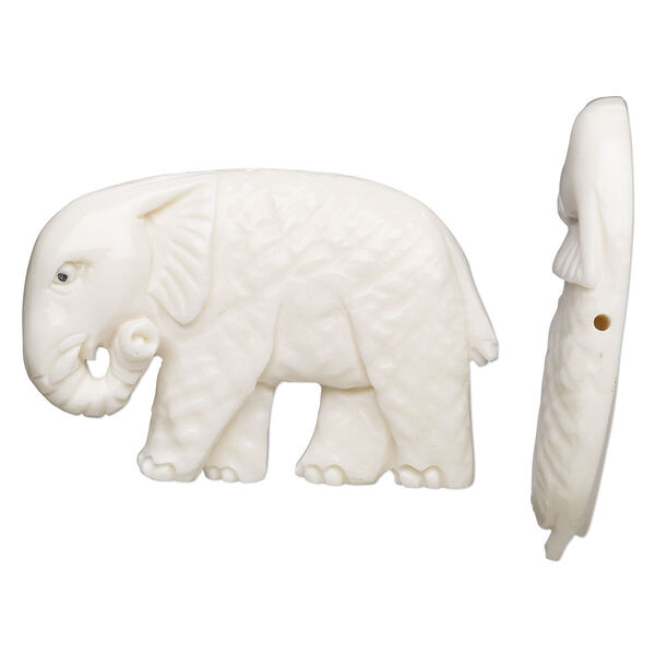 Focal, bone (bleached), 44 x 29mm hand-carved half-drilled single-sided elephant, Mohs hardness 2-1/2. Sold individually. image number 0