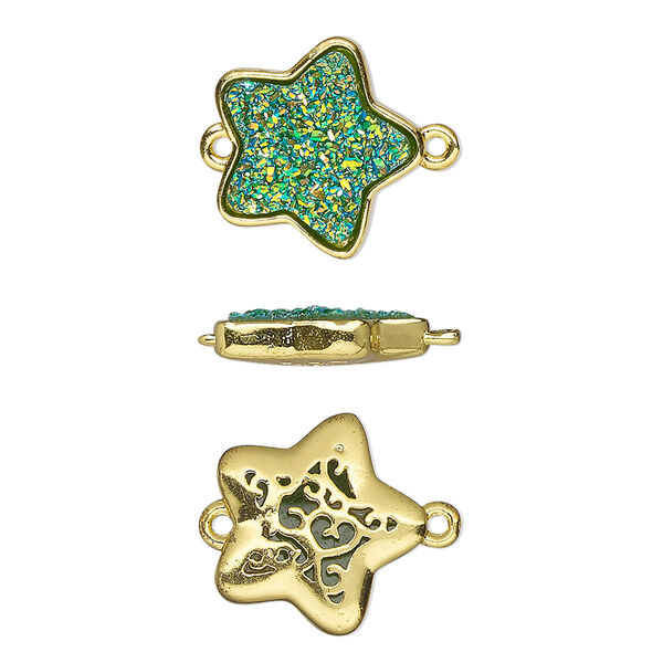Link, Druzylite™, "druzy" (resin) and gold-finished brass, green, 15x14mm two-sided star with open filigree back. Sold per pkg of 4. image number 0