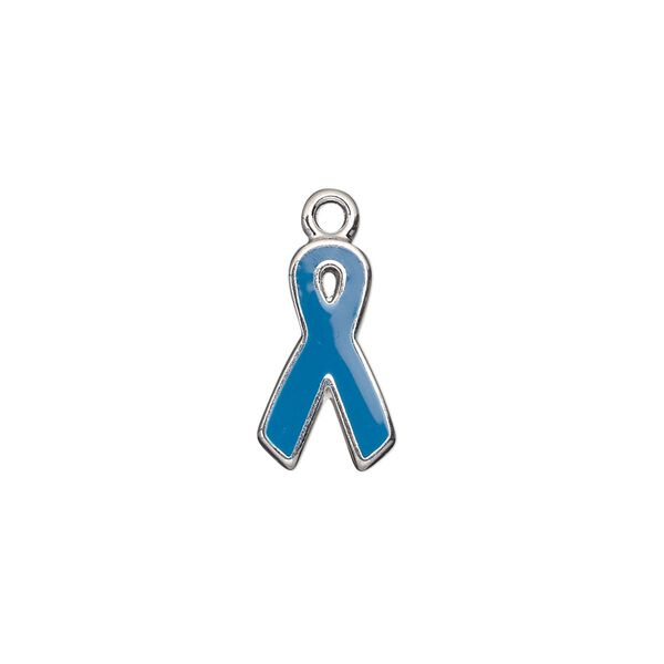 Charm, silver-plated aluminum and epoxy, blue, 15x9mm single-sided awareness ribbon. Sold per pkg of 6. image number 0