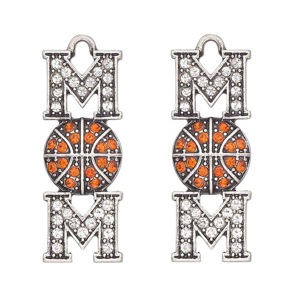 Focal, antique silver-finished "pewter" (zinc-based alloy) and glass, clear and orange, 32x12mm single-sided mom and basketball. Sold per pkg of 2. image number 0