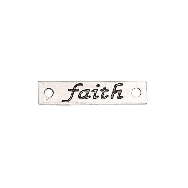 Link, antique silver-finished "pewter" (zinc-based alloy), 25.5x6mm single-sided flat rectangle with "faith." Sold per pkg of 2. image number 0