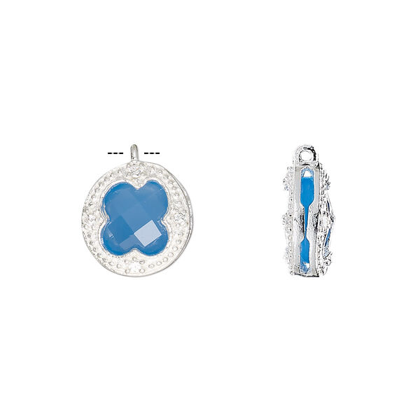 Drop, chalcedony (dyed) / cubic zirconia / sterling silver, clear and blue, 12mm two-sided faceted round. Sold individually. image number 0