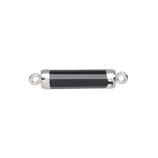 Link, black onyx (dyed) / electroplated silver / silver-plated sterling silver, 20x5mm-21x6mm hand-cut faceted tube. Sold individually. image number 0
