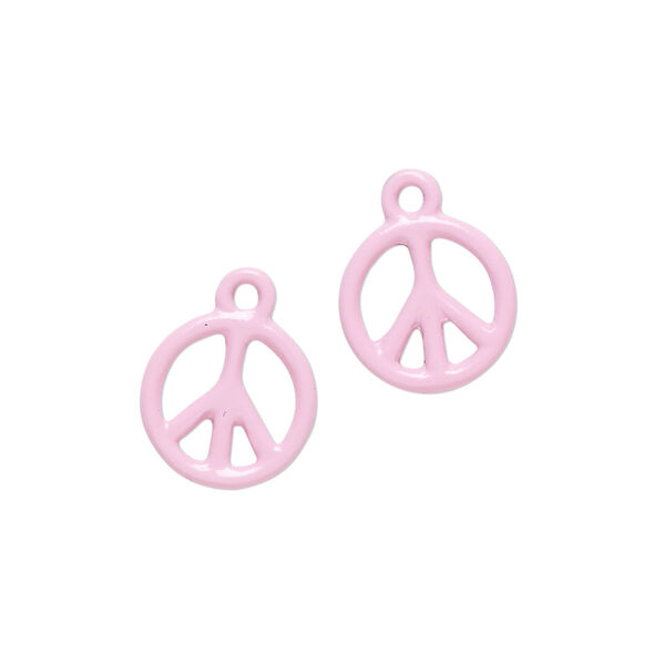Charm, pewter (tin-based alloy) with enamel, light pink, 12mm double-sided round peace sign. Sold per pkg of 2. image number 0