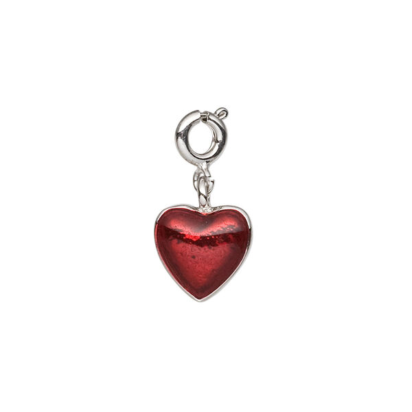 Charm, enamel and rhodium-plated pewter (tin-based alloy), red, 10x10mm heart with springring clasp. Sold individually. image number 0