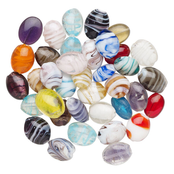Bead mix, lampworked glass, pkg/4 ounces, opaque to transparent mixed colors with silver-colored foil and copper-colored glitter, 14x10mm-24x19mm puffed oval. image number 0