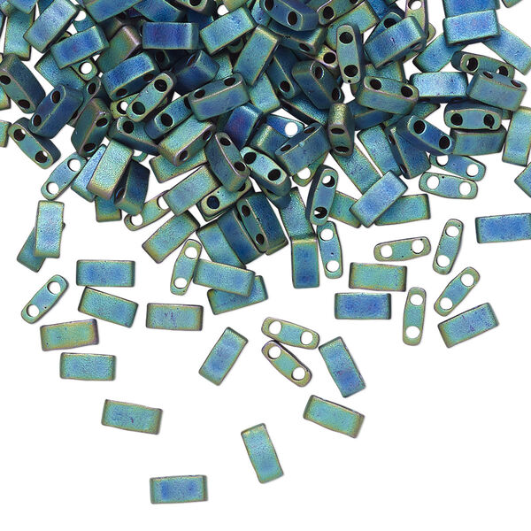 Seed bead, TILA®, glass, pkg/250g, 5x2.3mm half tila rectangle, opaque matte metallic iris blue, (HTL-2064). image number 0