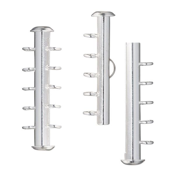 Clasp, 5-strand slide lock, silver-plated brass, 31x6mm round tube. Sold per pkg of 4. image number 0