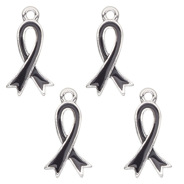 Charm, antique silver-finished enamel "pewter" (zinc-based alloy), black, 18x12mm single-sided awareness ribbon. Sold per pkg of 4. image number 0
