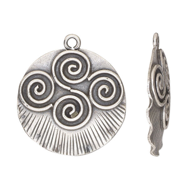 Drop, Hill Tribes, antiqued fine silver, 26mm single-sided wavy round with spiral design. Sold individually. image number 0