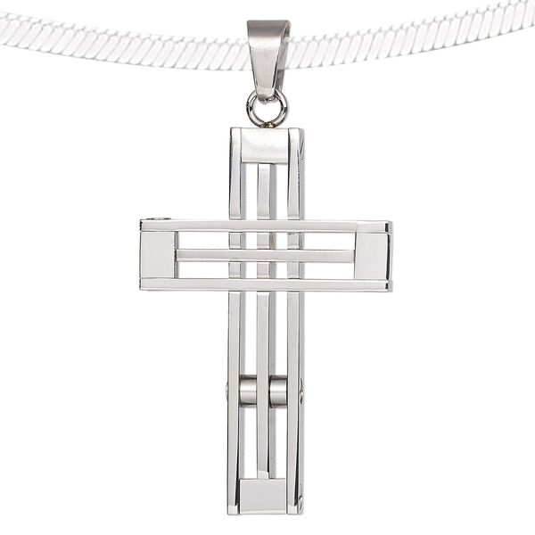 Pendant, stainless steel, 51x30mm double-sided cross with cutouts. Sold individually. image number 0