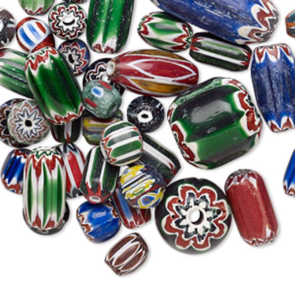 Bead mix, chevron glass, multicolored, 12x8mm-46x20mm mixed shape. Sold per 1/4 kilogram pkg, approximately 40-60 beads. image number 0