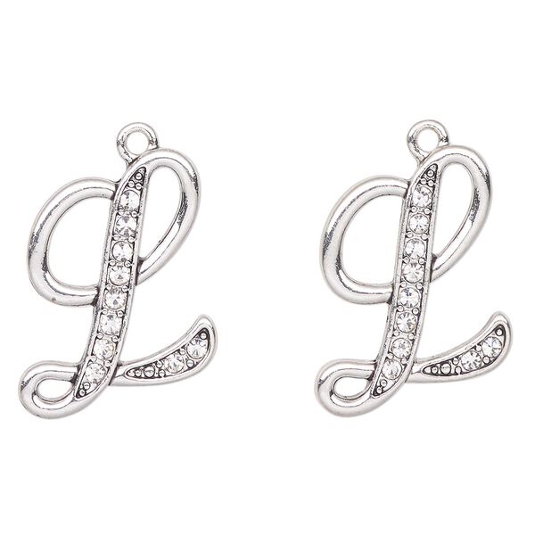 Charm, antique silver-finished "pewter" (zinc-based alloy) and glass, clear, 25x19mm letter "L". Sold per pkg of 2. image number 0