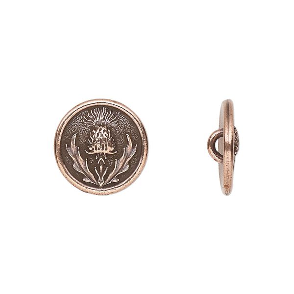 Button, TierraCast®, antique copper-plated pewter (tin-based alloy), 14.5mm round with thistle design. Sold per pkg of 2. image number 0