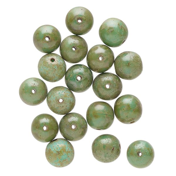 Bead, Czech glass, opaque turquoise green and olive green travertine, 8mm round. Sold per pkg of 19. image number 0