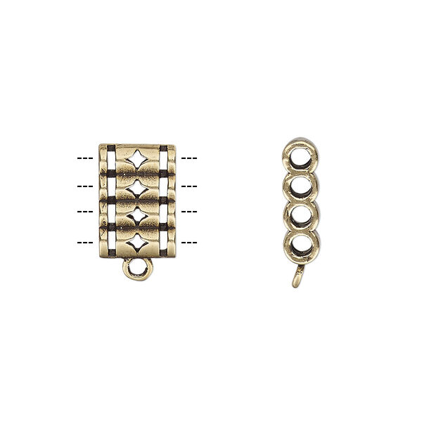 Spacer, antiqued brass, 13x8.5mm double-sided 4-strand quadruple round tube with diamond cutout design and loop, fits up to 2mm bead. Sold individually. image number 0