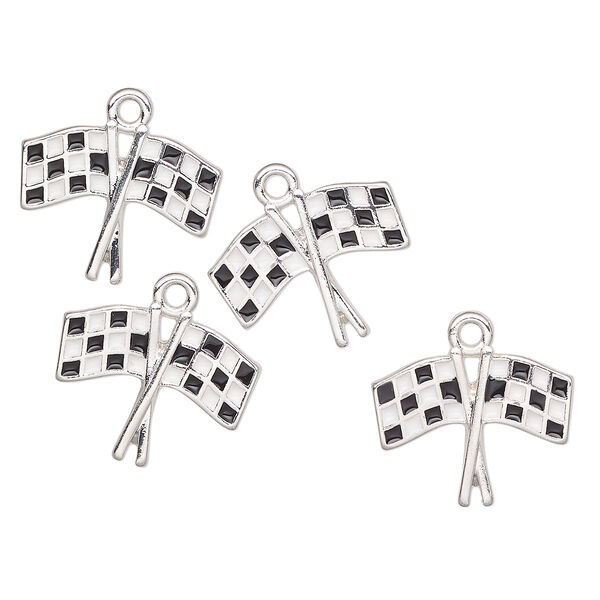 Charm, antique silver-finished enamel "pewter" (zinc-based alloy), black and white, 18x15mm checker flag. Sold per pkg of 4. image number 0