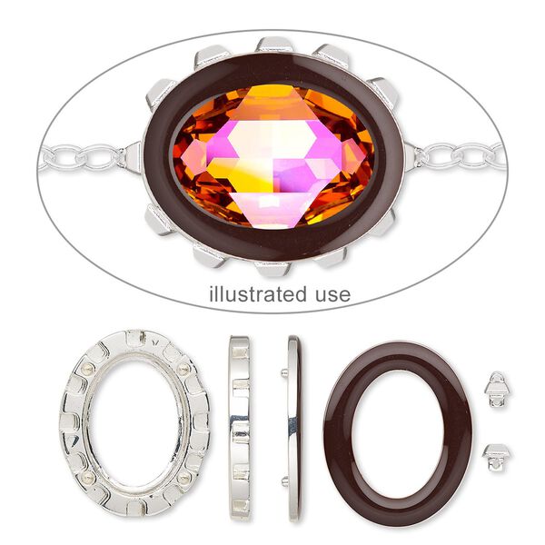 Mount, Miracle Mount™, enamel and silver-finished "pewter" (zinc-based alloy), brown, 39x32mm oval with 30x22mm oval setting. Sold per 18-piece set. image number 0