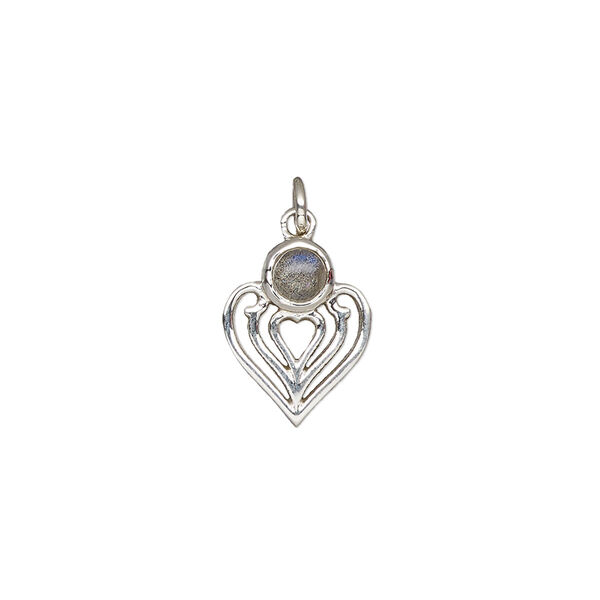 Drop, antiqued sterling silver and labradorite (natural), 14x11mm single-sided heart. Sold individually. image number 0