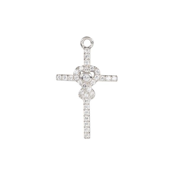 Drop, cubic zirconia and rhodium-plated sterling silver, clear, 23x15mm single-sided cross. Sold individually. image number 0