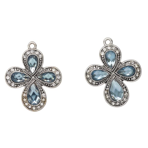 Drop, antique silver-finished "pewter" (zinc-based alloy) and glass, clear and aqua blue, 29x26mm cross. Sold per pkg of 2. image number 0