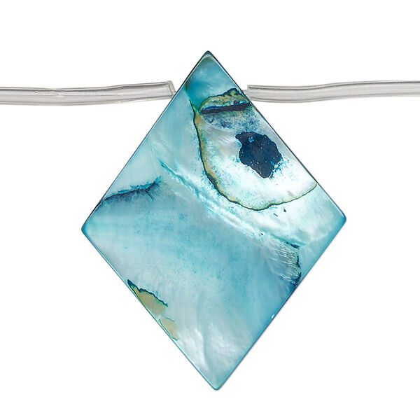 Bead, mother-of-pearl shell (dyed), blue, 35x4mm-37x8mm top-drilled flat diamond, Mohs hardness 3-1/2. Sold per 15-inch strand, approximately 10 beads. image number 0