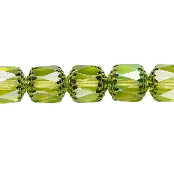 Bead, Czech dipped décor glass, lime green Apollo AB, 10mm round cathedral. Sold per 15-1/2" to 16" strand. image number 0