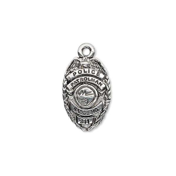 Charm, antique silver-plated pewter (tin-based alloy), 19x12mm single-sided police badge with "POLICE PATROLMAN BADGE NO. 911." Sold per pkg of 2. image number 0