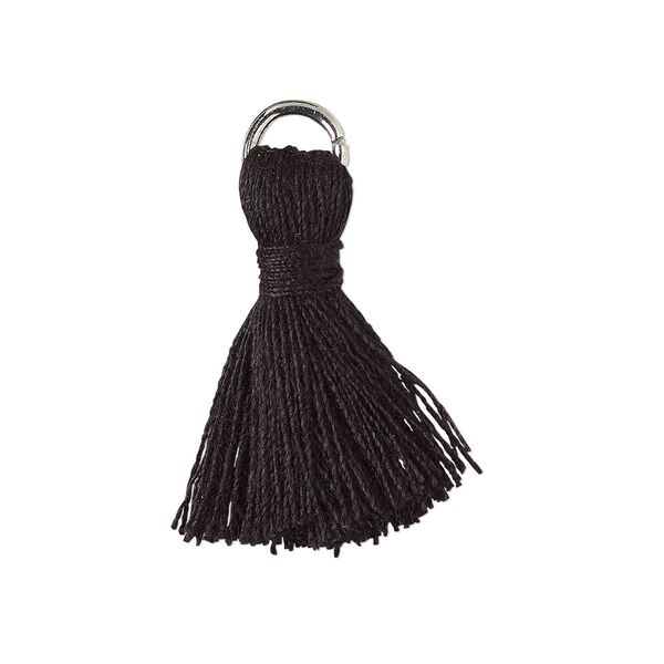 Tassel, cotton and imitation rhodium-finished steel, black, 20-24mm mini tassel with 6mm open jump ring. Sold per pkg of 6. image number 0